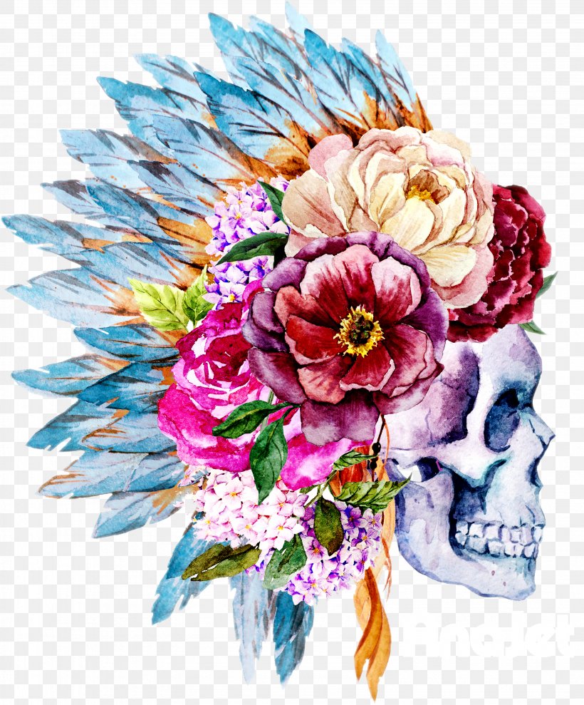 Watercolor Painting Skull Boho-chic Flower, PNG, 3167x3821px, Watercolor, Cartoon, Flower, Frame, Heart Download Free