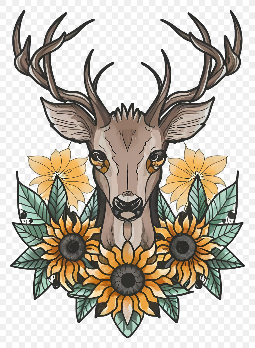 Deer - Artistic Deer With Sunflowers And Antlers PNG