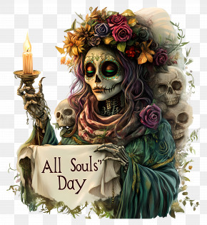 All Souls Day - Elegant Skeleton With Candle And Flowers PNG