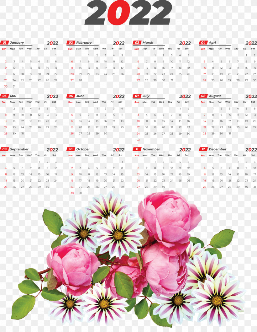 2022 Printable Yearly Calendar 2022 Calendar, PNG, 2325x3000px, Floral Design, Common Daisy, Flower, Flower Bouquet, Garden Roses Download Free