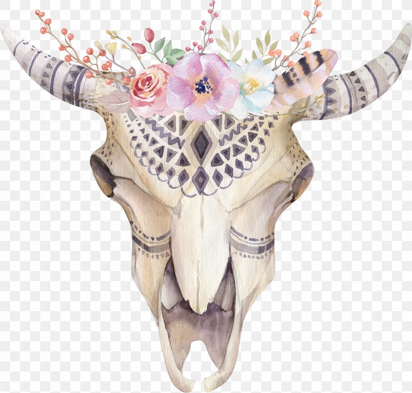 Boho-chic Watercolor Painting Flower Skull, PNG, 3475x3321px, Bohochic, Art, Artificial Flower, Bohemianism, Bone Download Free