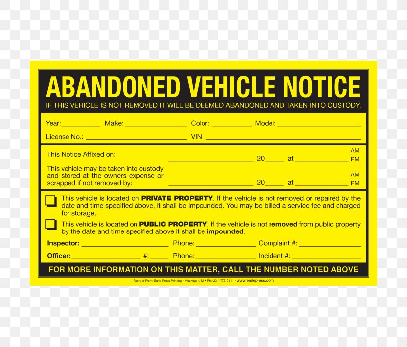 Printable Abandoned Vehicle Notice Template