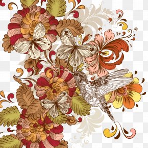 Painted Floral Background Hummingbird - Flower Floral Design Vintage Clothing Clip Art PNG