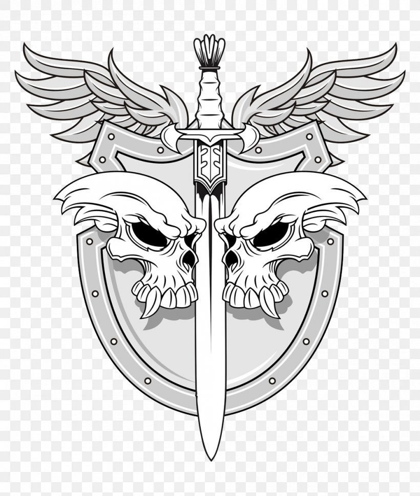 Sword Human Skull Symbolism Shield Illustration, PNG, 1000x1180px, Sword, Bird, Black And White, Bone, Dagger Download Free