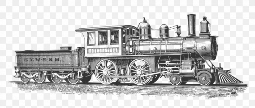 Train Rail Transport Steam Locomotive Clip Art, PNG, 2400x1017px, Train, Black And White, Diesel Locomotive, Drawing, Express Train Download Free