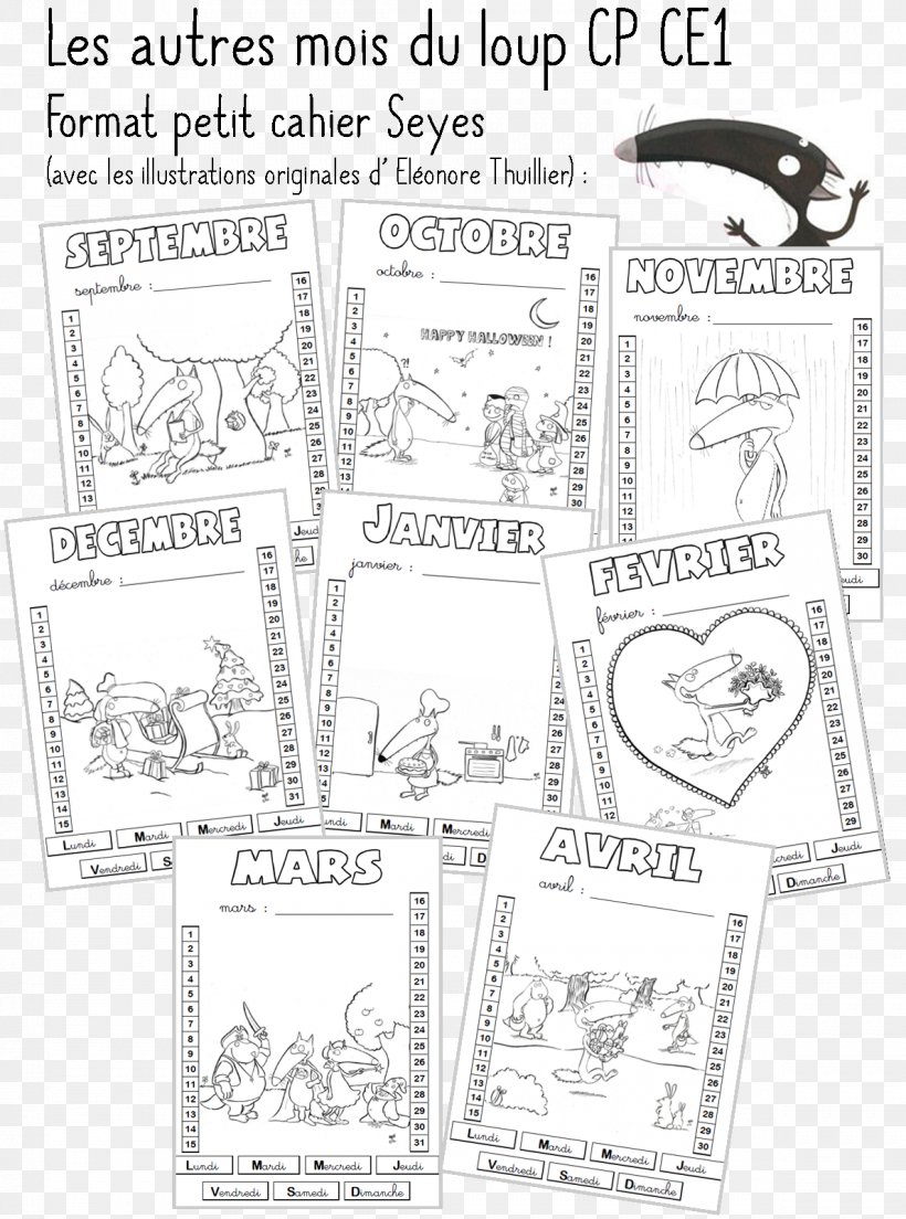 Gray Wolf Grande Section École Maternelle Kindergarten Month, PNG, 1189x1602px, Gray Wolf, Animal, Area, Black And White, Calendar Date Download Free