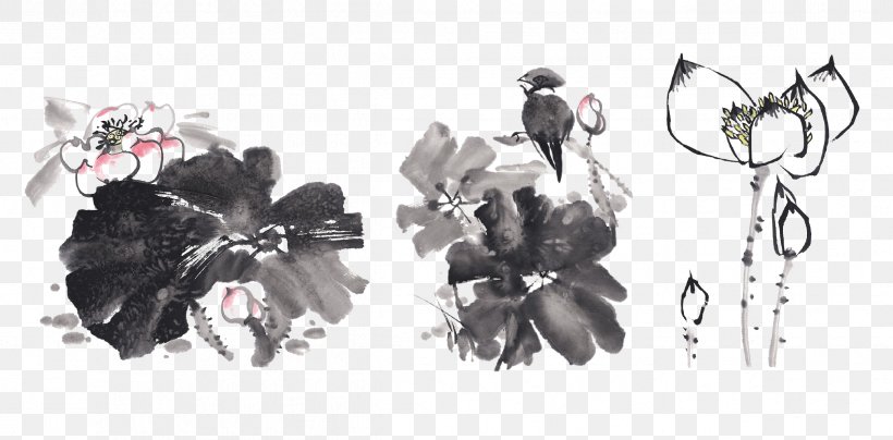 Nelumbo Nucifera Ink Wash Painting Drawing Ink Brush, PNG, 2396x1183px, Nelumbo Nucifera, Black And White, Body Jewelry, Color, Drawing Download Free