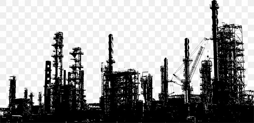 Oil Refinery Petroleum Industry Refining, PNG, 2344x1139px, Oil Refinery, Black And White, Building, City, Cityscape Download Free