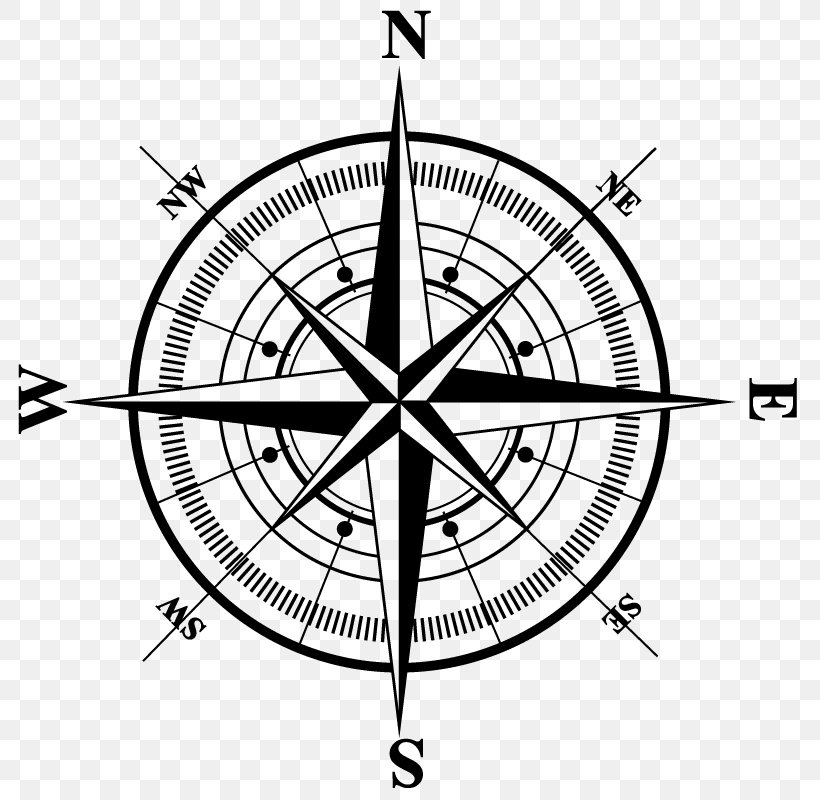 Compass Rose Clip Art, PNG, 800x800px, Compass Rose, Area, Black And White, Cardinal Direction, Clock Download Free