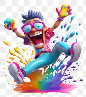 Holi - Colorful Cartoon Character With Splash PNG