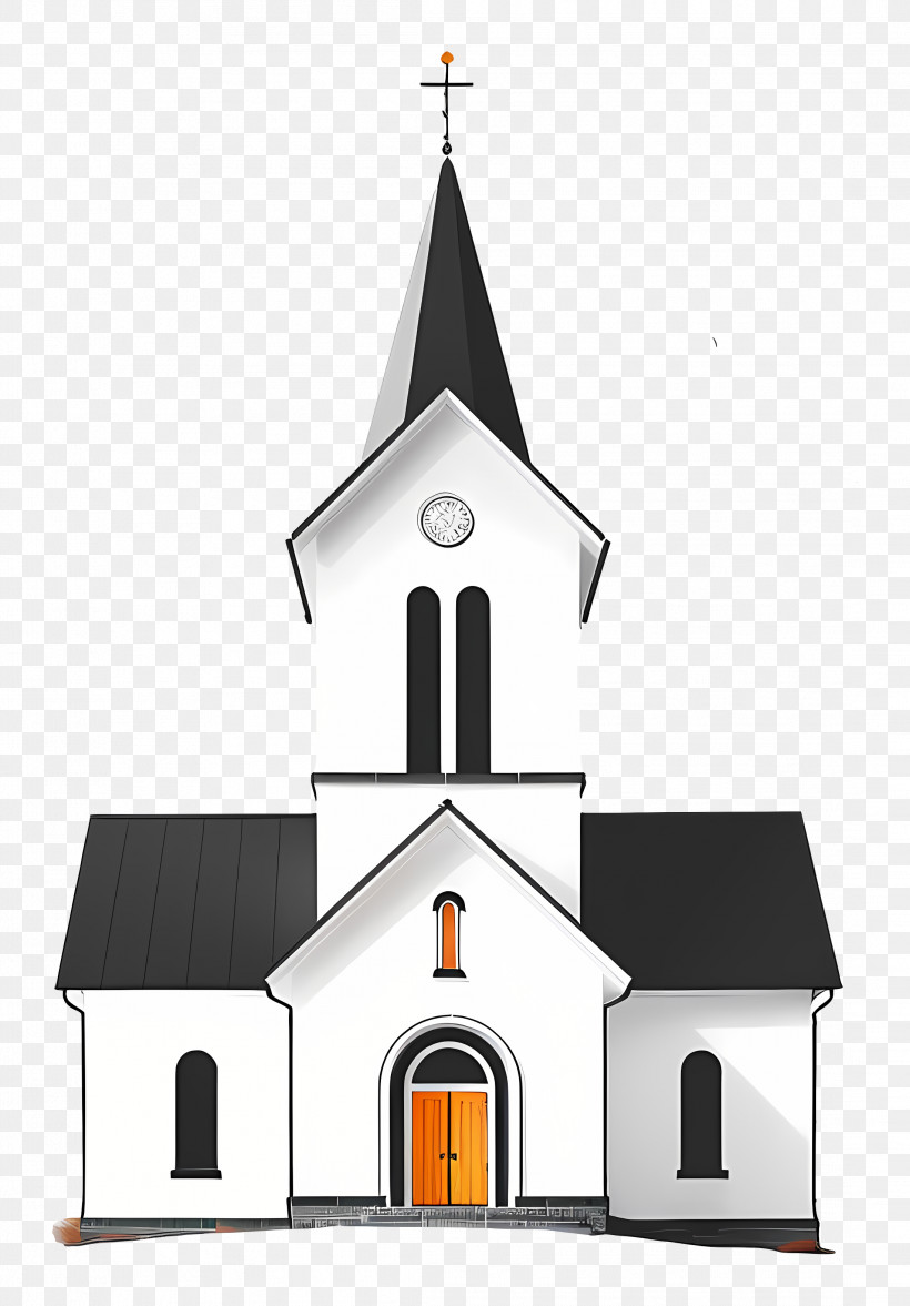 Church - White Church With Steeple And Orange Door PNG