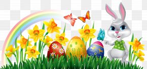 Easter Bunny With Daffodils Eggs And Grass Decor Clipart Picture - Easter Bunny Stock Photography Clip Art PNG
