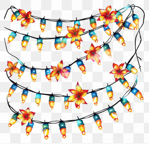 Christmas Lights - Colorful String Lights With Flowers PNG