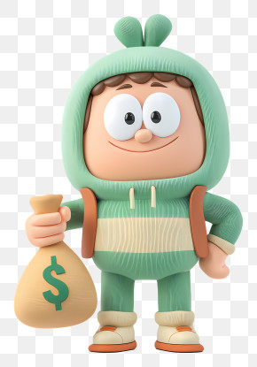 Mascot With Money Bag - Happy Cartoon Character Holding Money Bag PNG