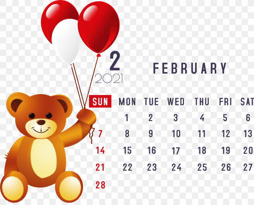 February 2021 Printable Calendar February Calendar 2021 Calendar, PNG, 2999x2417px, 2021 Calendar, Balloon, Bears, Collecting, Doll Download Free