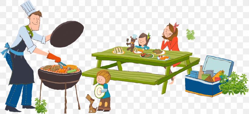 Barbecue Picnic Cartoon Illustration, PNG, 1006x463px, Barbecue, Cartoon, Food, Furniture, Human Behavior Download Free