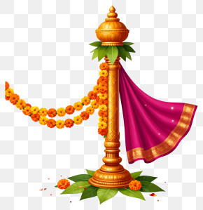Happy Gudi Padwa - Golden Ceremonial Pillar With Garland PNG