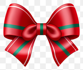Red Bow - Bright Red Bow With Green Christmas Accents PNG