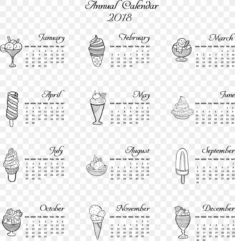 Calendar Euclidean Vector Icon, PNG, 2345x2397px, Ice Cream, Area, Black And White, Calendar, Chocolate Ice Cream Download Free