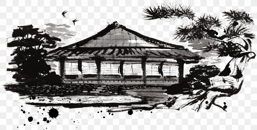 Japanese Architecture Landscape Illustration, PNG, 3747x1904px, Architecture, Black And White, Building, Croquis, Drawing Download Free