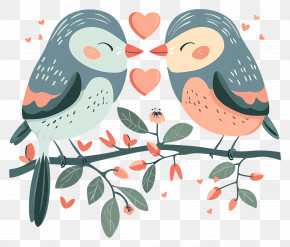 Lovebirds - Charming Love Birds On Branch With Heart Symbols PNG