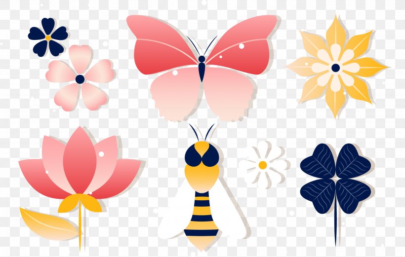 Butterfly Insect Bee Clip Art, PNG, 2732x1736px, Butterfly, Bee, Drawing, Flat Design, Floral Design Download Free