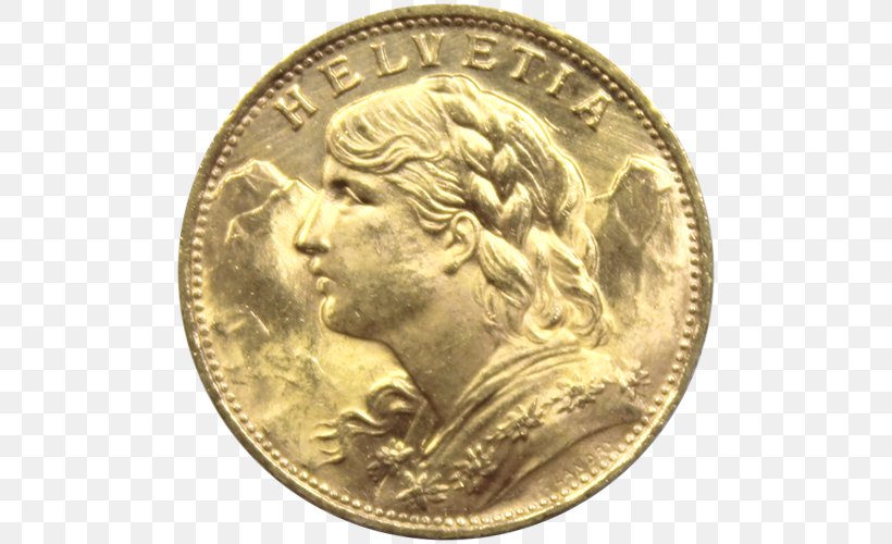 Gold Coin Vreneli Swiss Franc, PNG, 500x500px, Gold Coin, American Buffalo, Ancient History, Brass, Britannia Download Free