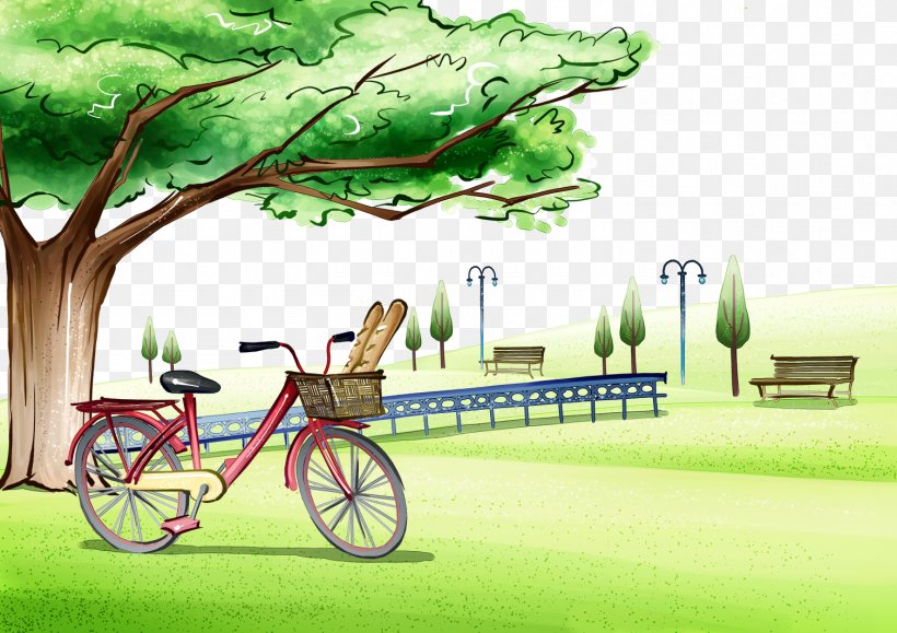 Cartoon Landscape Illustrator Poster, PNG, 1508x1066px, Cartoon, Art, Bicycle, Bicycle Accessory, Grass Download Free