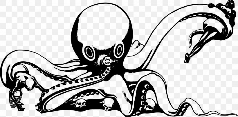 Octopus Sea Monster Clip Art, PNG, 2400x1184px, Octopus, Art, Artwork, Black And White, Cartoon Download Free