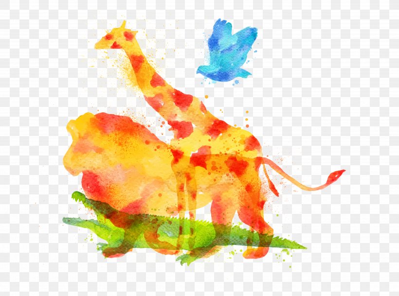 Giraffe Lion Watercolor Painting Drawing, PNG, 5000x3715px, Giraffe, Drawing, Elephant, Fish, Lion Download Free