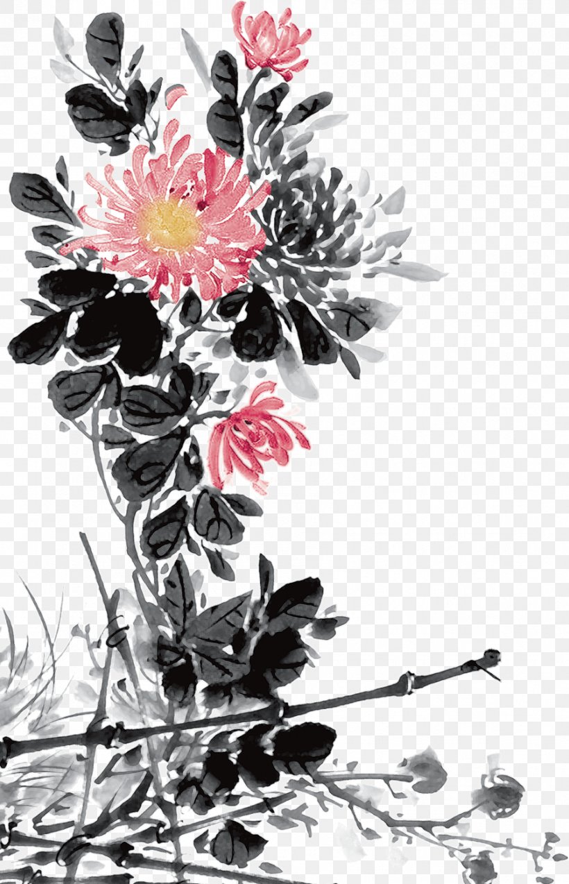 Floral Design Sen Do Technology Joint Stock Company SM3 Cornus Mas Chrysanthemum, PNG, 901x1400px, Floral Design, Art, Black And White, Branch, Chinese Painting Download Free