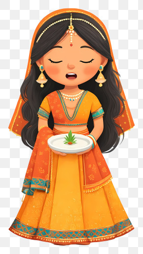 Indian Woman Holding Color Plate - Cute Indian Girl In Orange Lehenga Holding Plate PNG