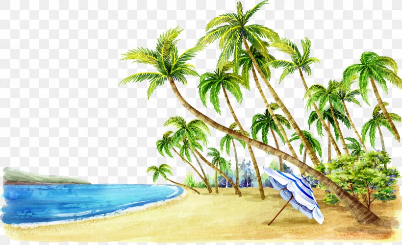 Beach Watercolor Painting Fukei Coconut Landscape Painting, PNG, 1191x727px, Beach, Cartoon, Coconut, Color, Fukei Download Free