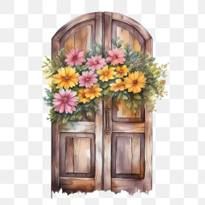 Wooden Door - Wooden Door With Flower Decorations PNG