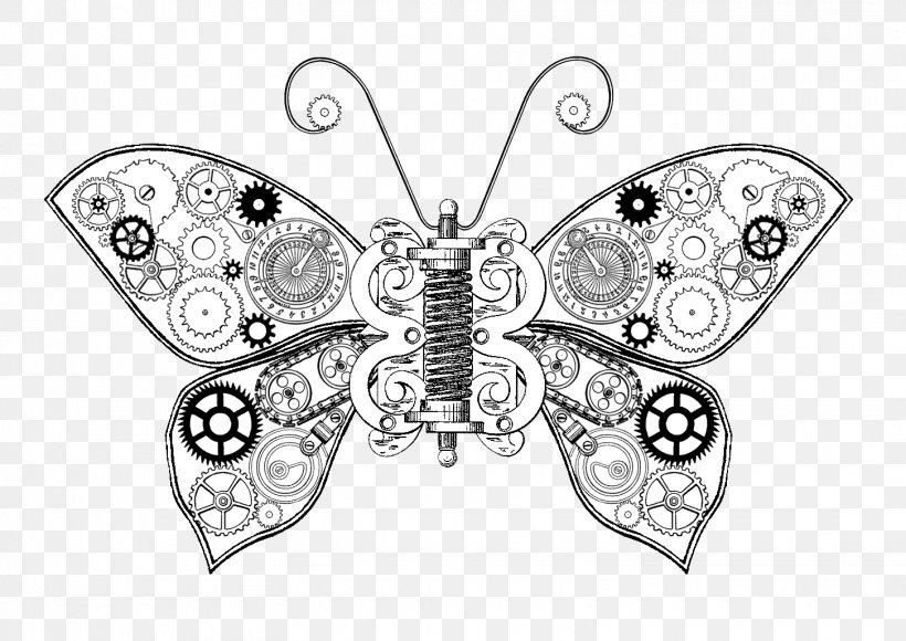 Steampunk Butterfly Drawing, PNG, 1452x1028px, Steampunk, Art, Arthropod, Artwork, Black And White Download Free