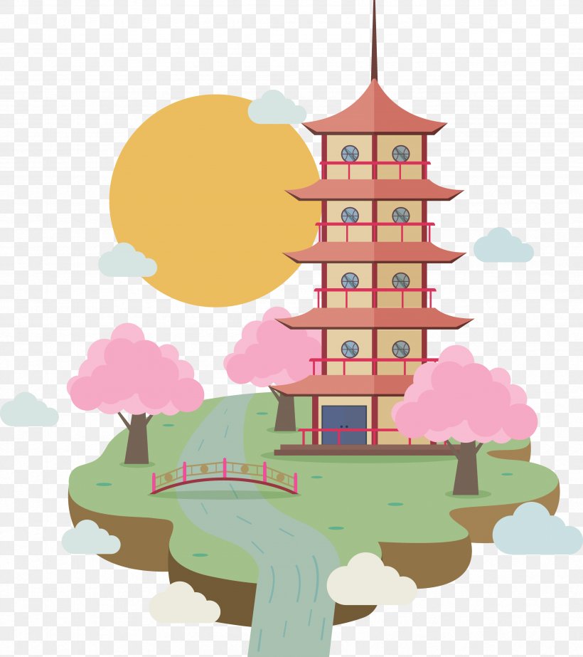 Japan Temple Illustration, PNG, 3386x3815px, Japan, Art, Cherry Blossom, Pink, Temple Download Free