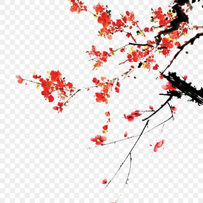 Ink Wash Painting Chinoiserie Red, PNG, 1000x1000px, Ink Wash Painting, Blossom, Branch, Cherry Blossom, Chinoiserie Download Free