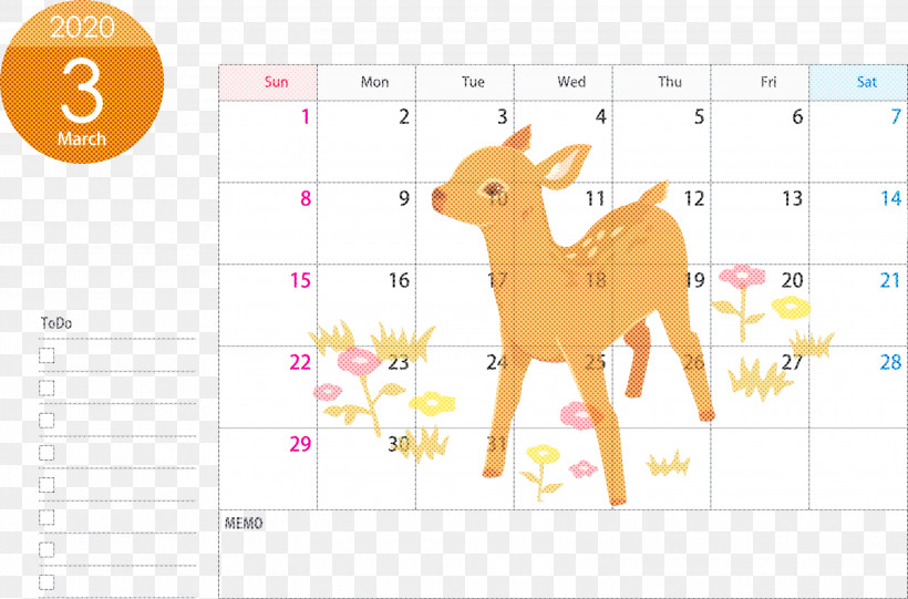 March 2020 Calendar March 2020 Printable Calendar 2020 Calendar, PNG, 3000x1982px, 2020 Calendar, March 2020 Calendar, Adaptation, Animal Figure, Deer Download Free