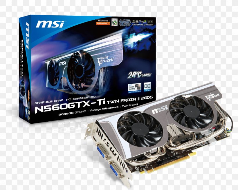 Graphics Cards & Video Adapters MSI N560GTX-TI TWIN FROZR II 2GD5/OC Graphics Card GeForce GTX560TI Twin Frozr II OC 1GB DVI HDMI 英伟达精视GTX Micro-Star International, PNG, 1000x800px, Graphics Cards Video Adapters, Computer Component, Computer Cooling, Computer Hardware, Electronic Device Download Free
