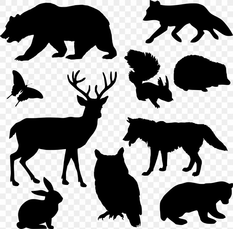 Silhouette Deer Squirrel Woodland Clip Art, PNG, 2400x2357px, Silhouette, Animal, Bear, Black And White, Carnivoran Download Free