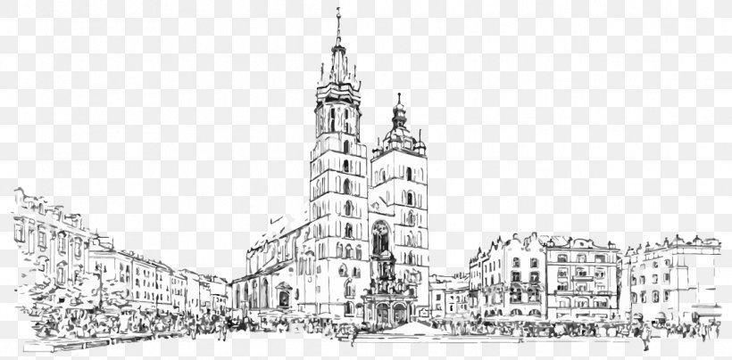 Main Square, Kraków Black And White Sketch, PNG, 1118x551px, Black And White, Architecture, Artwork, Building, Drawing Download Free