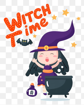 Witch Time - Cute Cartoon Witch With Cauldron PNG