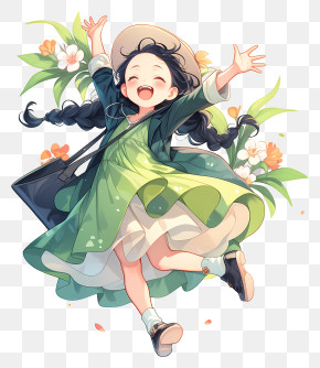 Cheerful Jumping - Joyful Girl In Green Dress PNG