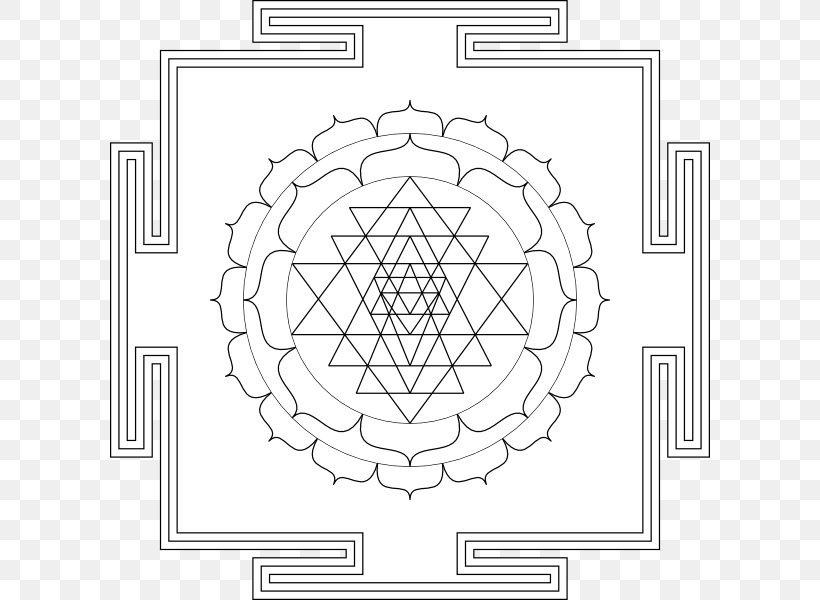 Sri Yantra Symbol Bindu Clip Art, PNG, 600x600px, Sri Yantra, Area, Bindu, Black And White, Chakra Download Free