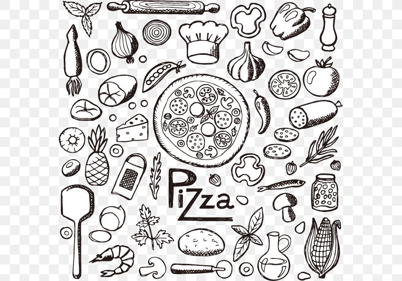 Pizza Italian Cuisine Fast Food Drawing, PNG, 579x574px, Pizza, Area, Black And White, Cuisine, Doodle Download Free