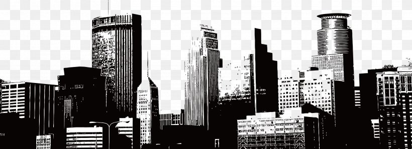 City Silhouette Skyline Illustration, PNG, 3333x1215px, City, Black And White, Brand, Building, Cityscape Download Free