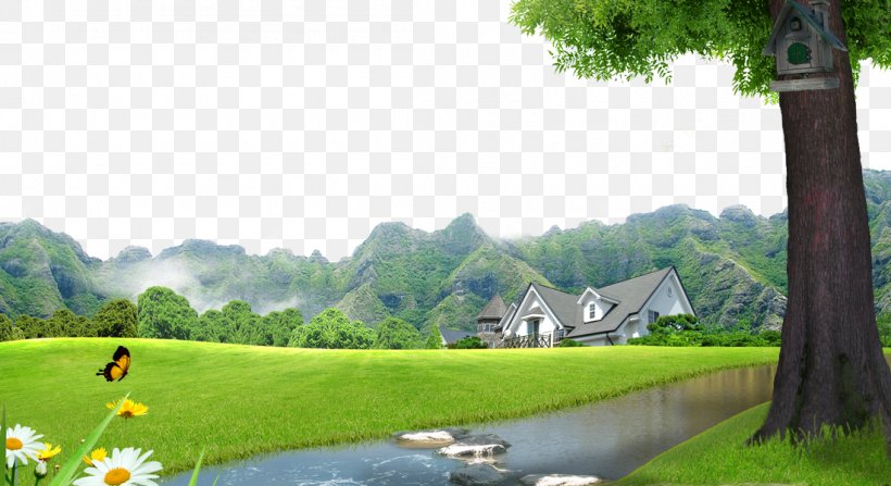 Lawn Landscape Villa, PNG, 1100x600px, Lawn, Chinese Painting, Farm, Field, Fukei Download Free