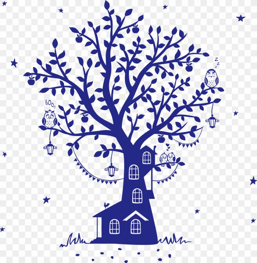 Fairy Tale Wall Decal Silhouette Tree House, PNG, 892x914px, Fairy Tale, Area, Art, Blue, Branch Download Free