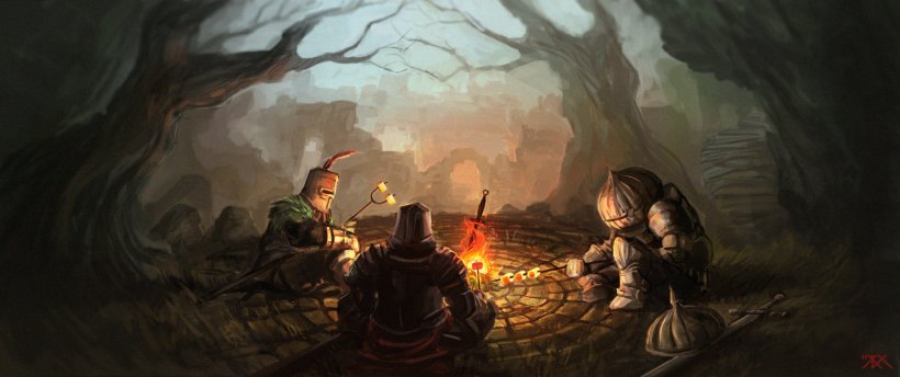 Dark Souls III Bloodborne Video Game, PNG, 2400x1009px, Dark Souls, Art, Bloodborne, Bonfire, Campfire Download Free