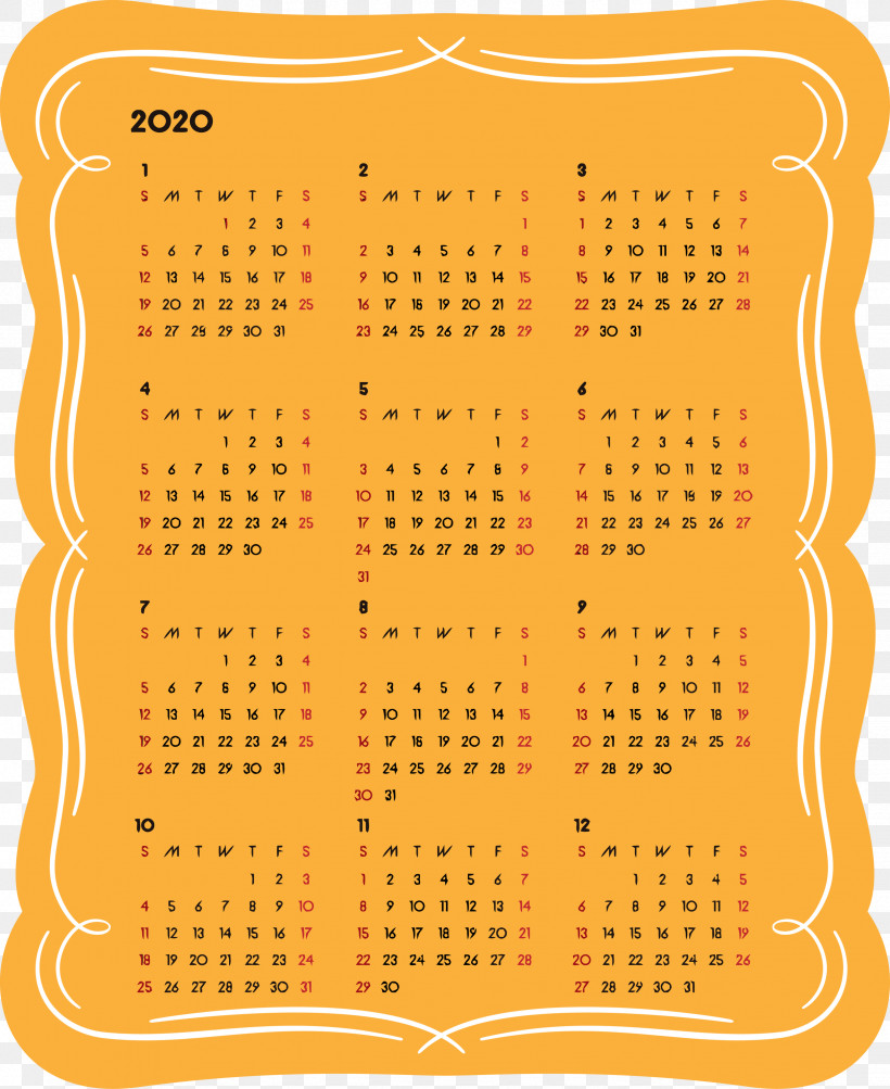2020 Yearly Calendar Printable 2020 Yearly Calendar Year 2020 Calendar, PNG, 2452x3000px, 2020 Calendar, 2020 Yearly Calendar, Line, Orange, Printable 2020 Yearly Calendar Download Free